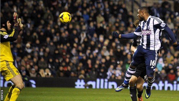 Victor Anichebe climbs above David Luiz to equalise for Albion against Chelsea at The Hawthorns