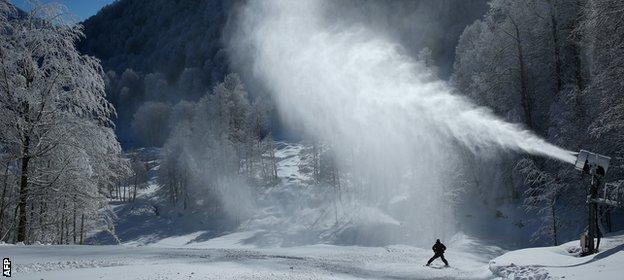 A snow-making machine on the Rosa Khutor ski mountain ahead in Sochi