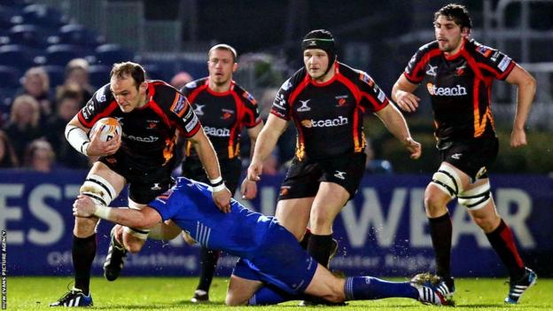Robert Sidoli leads the Newport Gwent Dragons charge against Leinster in Dublin