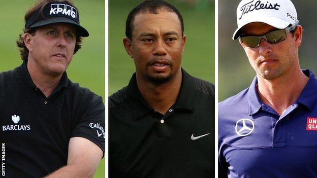 (left to right) Phil Mickelson, Tiger Woods and Adam Scott