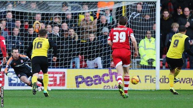 Watford striker Troy Deeney (right) scores against Middlesbrough from the penalty spot