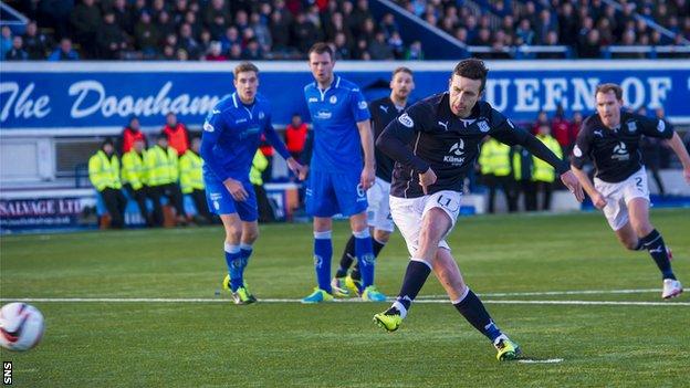 Ryan Conroy scores a penalty for Dundee against Queen of the South