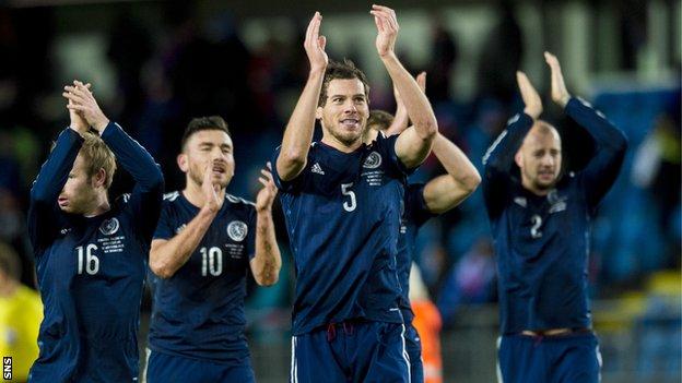 Scotland players celebrate victory in Norway