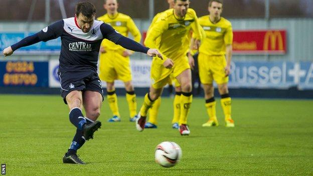 Mark Millar scores a penalty for Falkirk against Queen of the South
