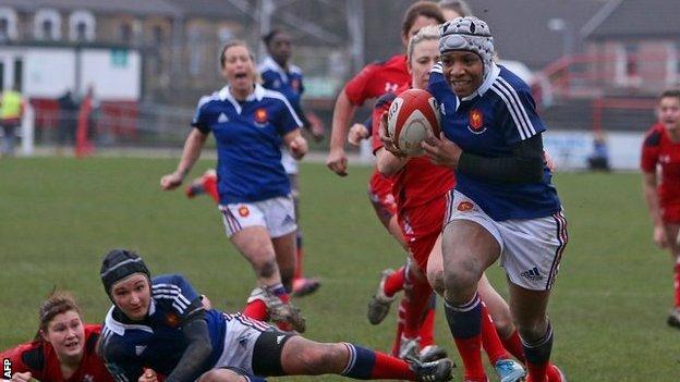France Women fly-half Sandrine Agricole scores one of their four tries in a 27-0 win over Wales Women in the Six Nations at Talbot Athletic Ground