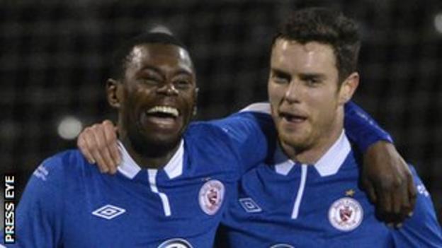 Eric Odhiambo (left) scored a hat-trick on his Sligo debut as they defeated Crusaders 4-1 at Seaview