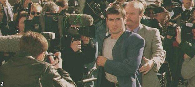 Eric Cantona arrives at court to answer charges of assault on Crystal Palace fan Matthew Simmons