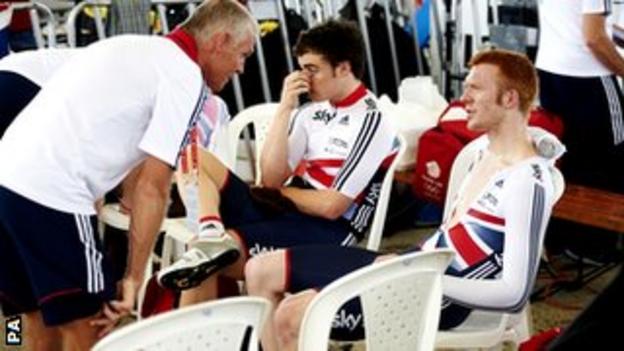 British Cycling coach Shane Sutton (left) talks to Ed Clancy