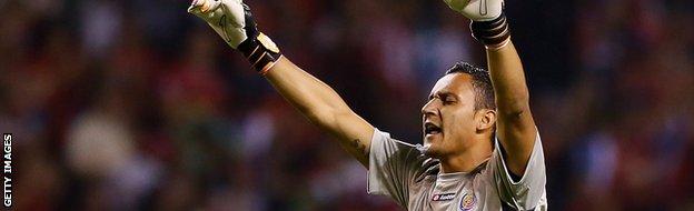 SAN JOSE, COSTA RICA - SEPTEMBER 06: Goalkeeper Keylor Navas #1 reacts after Costa Rica scored a second goal against the United States during the FIFA 2014 World Cup Qualifier at Estadio Nacional
