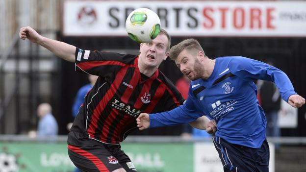 Jordan Owens and Kyle Buckley in action as Crusaders overcome Ballyclare Comrades 5-0 at Seaview