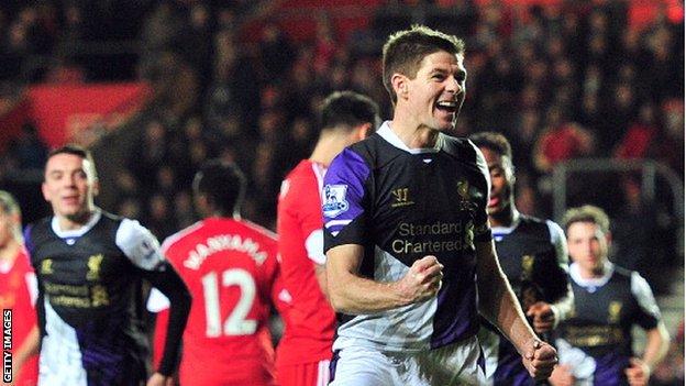 Liverpool's Steven Gerrard celebrates scoring against Southampton