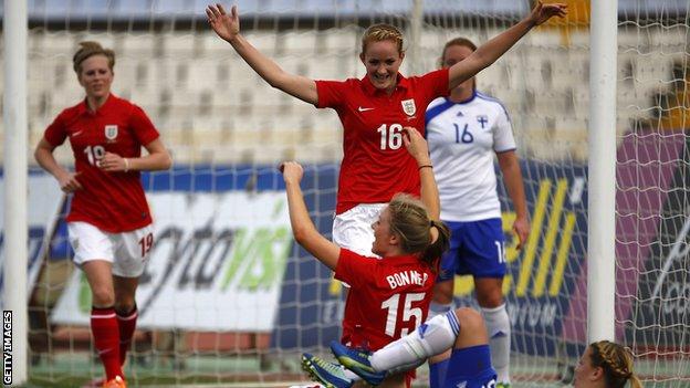 England women celebrate scoring against Finland women