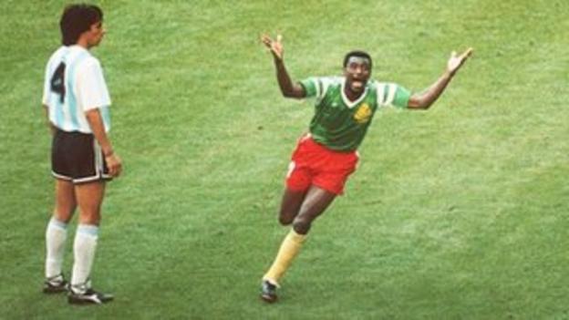 Francois Omam-Biyik scores for Cameroon against Argentina