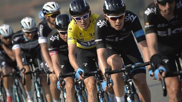 Britain's Geraint Thomas in the leader's yellow jersey at the Paris-Nice race