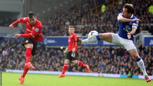 Cardiff City midfielder Gary Medel has a shot blocked by Everton left back Leighton Baines.
