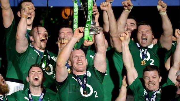 Ireland captain Paul O'Connell lifts the Six Nations trophy