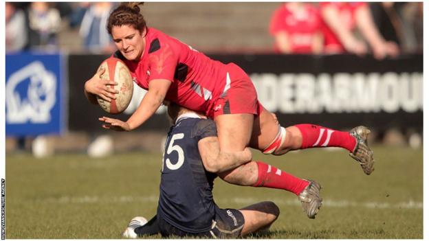 Wales' Catrina Nicholas is tackled by Scotland's Stephanie Johnson during the 25-0 Six Nations victory at the Talbot Athletic Ground