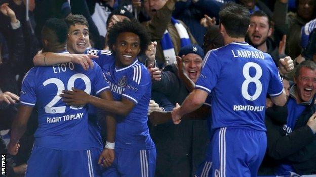 Chelsea's Samuel Eto'o (left) celebrates scoring against Galatasaray with team-mates