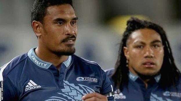 Jerome Kaino and Ma'a Nonu prepare to enter the pitch for the Auckland Blues against Cheetahs