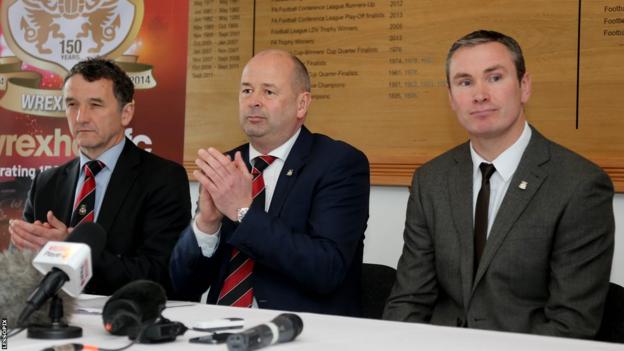 Chief executive Don Bircham (centre) is flanked by new Wrexham manager Kevin Wilkin (right) and the club's newly appointed football operations chief Barry Horne