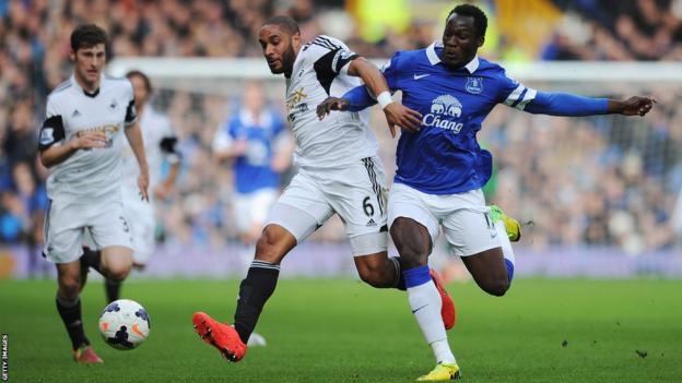 Swansea City captain Ashley Williams battles for the ball with Everton striker Romelu Lukaku during the Premier League match at Goodison Park.