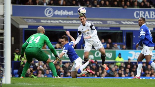 Defender Angel Rangel goes close with a header during Swansea’s 3-2 defeat at Everton.