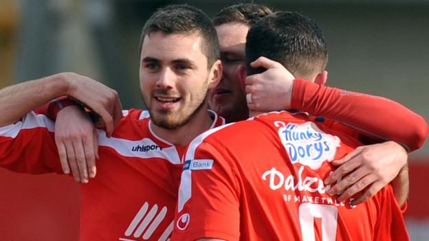 Portadown defender Chris Ramsey is congratulated after scoring the first goal in his side's 3-0 Premiership win over Warrenpoint