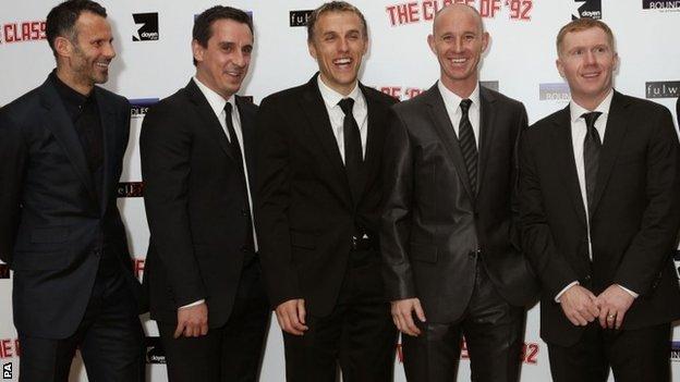 (l-r) Ryan Giggs, Gary Neville, Phil Neville, Nicky Butt and Paul Scholes
