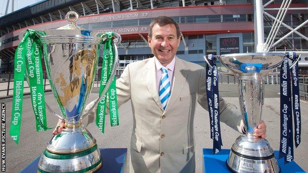 WRU Chief Executive Roger Lewis with the European and Amlin Challenge Cups