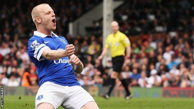 Everton's Steven Naismith celebrates the opening goal at Fulham this afternoon