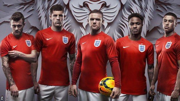 England players wearing the new kit for the 2014 World Cup