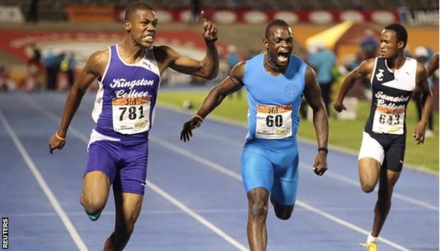 Zharnel Hughes (L) beat Yohan Blake's 100m record when he won the Schools Championships last weekend.