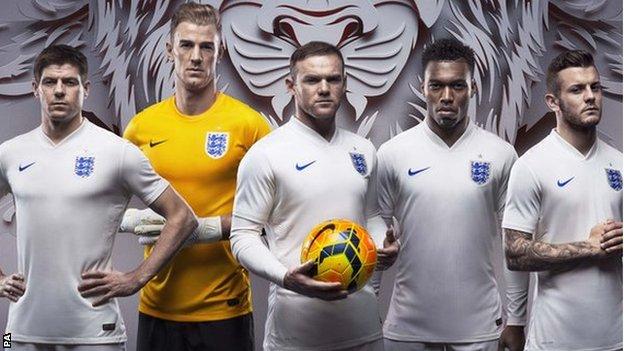 England players wearing the new kit for the 2014 World Cup