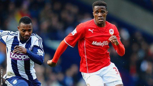 Cardiff City's Wilfried Zaha on the attack against West Brom