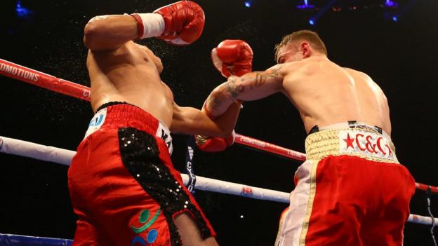 Cazares feels the full force of Frampton's powerful left hook in the second round
