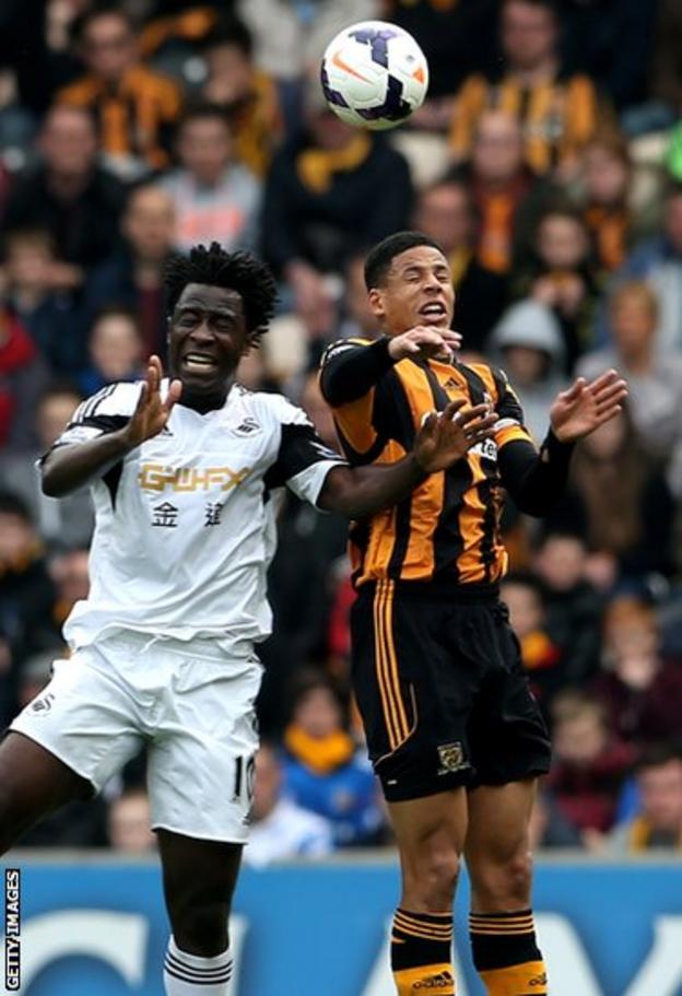 Swansea City striker Wilfried Bony competes for the high ball with Hull City defender Curtis Davies in Saturday’s Premier League game at the KC Stadium.