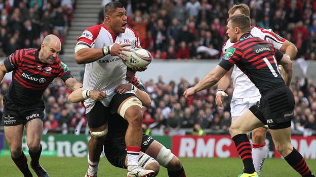 Nick Williams on the charge for Ulster as the hosts secure a 9-5 lead at half-time despite being reduced to 14 players