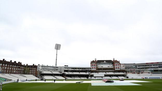 The covers are on at the Oval as the start of Glamorgan's opening County Championship game against Surrey is delayed.