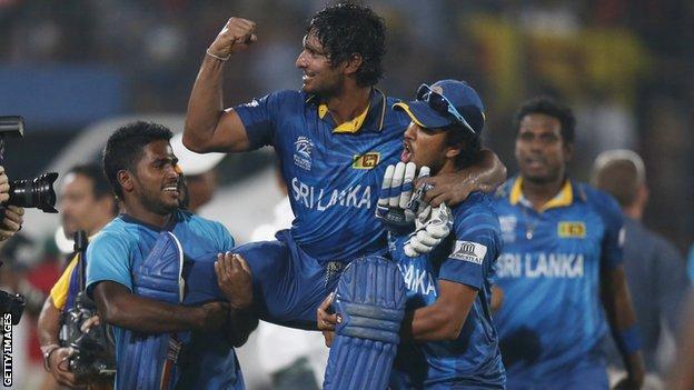 Kumar Sangakkara is carried on the shoulders of his team-mates after Sri Lanka's victory in the World Twenty20 final