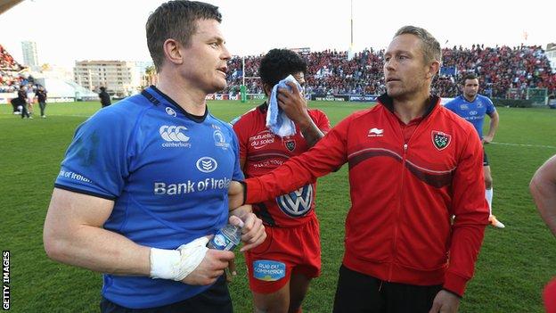 Brian O'Driscoll and Jonny Wilkinson pictured after the Heineken Cup quarter-final win for Toulon over Leinster