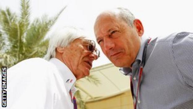 Ron Dennis (right) chatting to F1 owner Bernie Ecclestone