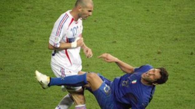 France's Zinedine Zidane head-butts Italy's Marco Materazzi