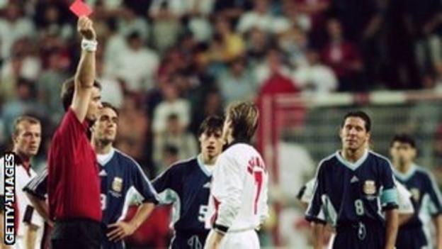 David Beckham is sent off for England against Argentina