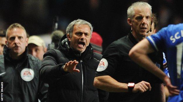Jose Mourinho manager of Chelsea protests to referee Chris Foy