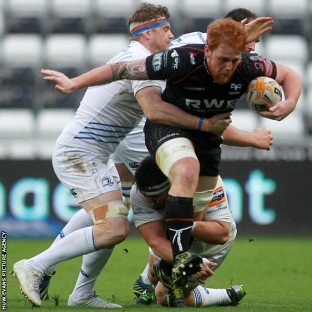 Dan Baker takes on Leinster for Ospreys in the Pro12