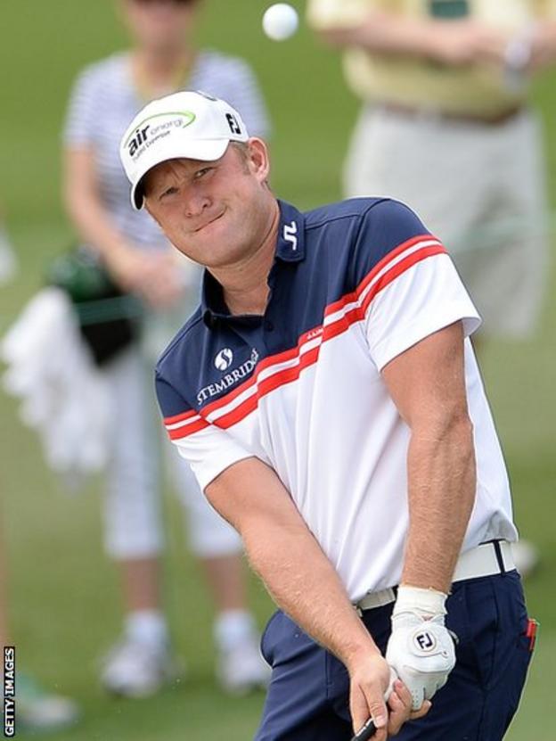 Jamie Donaldson plays a shot on day two at Augusta