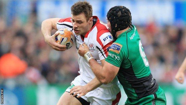 Tommy Bowe of Ulster is tackled by Connacht's John Muldoon
