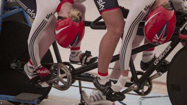 Sophie Thornhill (left) and her pilot, Wales's Rachel James, prepare for the women's kilo time-trials at the Para-cycling Track World Championships in Mexico