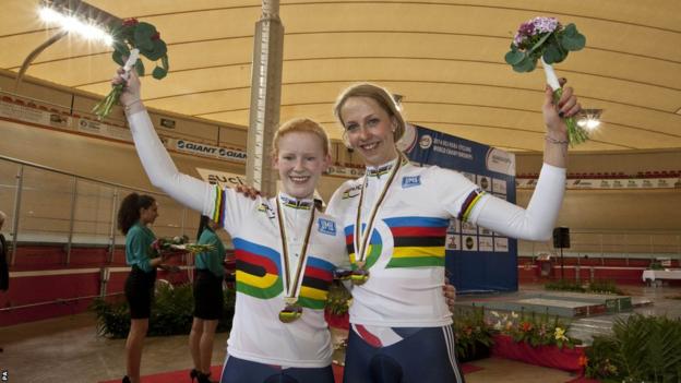 Sophie Thornhill (left) and her pilot, Wales's Rachel James, celebrate after taking gold in the women's kilo time-trials at the Para-cycling Track World Championships in Mexico