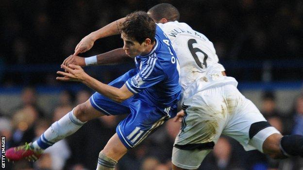 Oscar vies with Swansea City defender Ashley Williams in December, 2013
